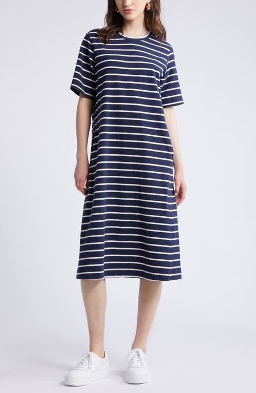 Stretch Cotton Midi T-Shirt Dress in Navy Blazer- Ivory Stripe