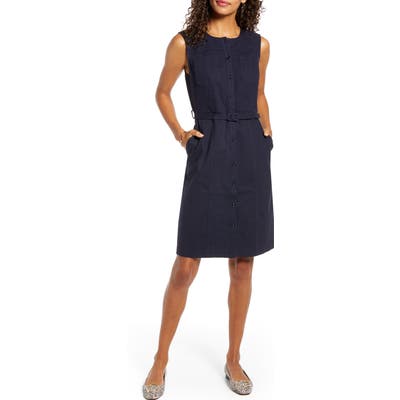 Petite 1901 Belted Sleeveless Twill Dress, Blue
