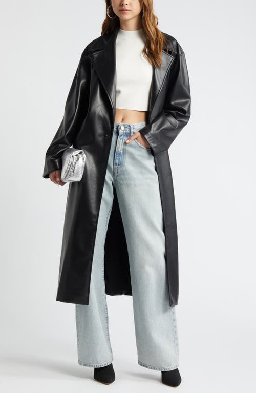 Open Edit Faux Leather Trench Coat In Black