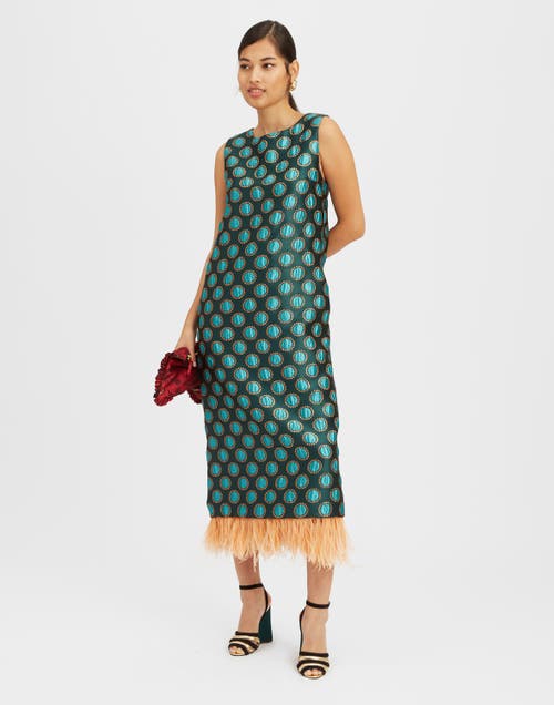 La Doublej Jacquard Column Dress With Feather Trim In Jacquard Winter Sun Emerald