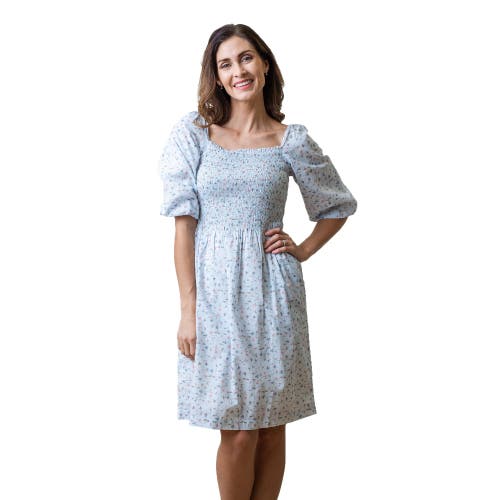 Hope & Henry Organic Smocked Bubble Sleeve Dress In Pale Blue Vintage Floral