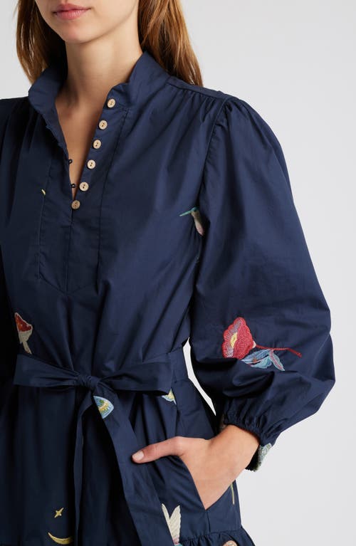 Shop Ciebon Savannah Embroidered Long Sleeve Cotton Dress In Navy