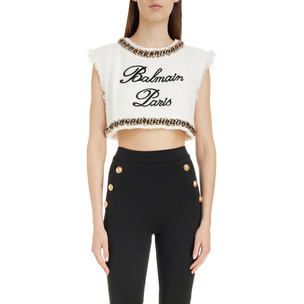 Balmain Signature Logo Embroidered Sleeveless Tweed Crop Top In Gab White/black