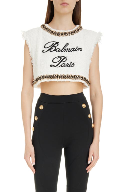 Balmain Signature Logo Embroidered Sleeveless Tweed Crop Top Gab White/Black at Nordstrom, Us