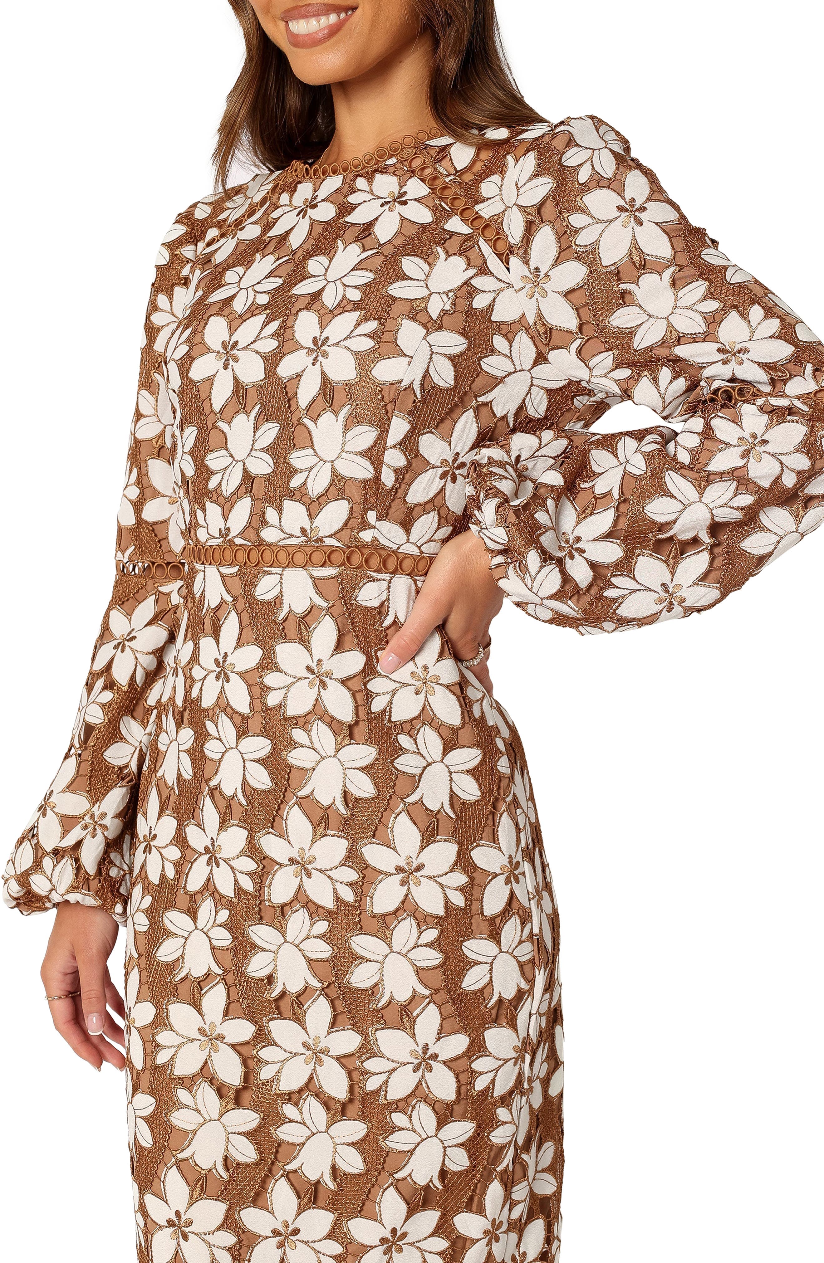 Petal & Pup Pierre Floral Long Sleeve Lace Midi Dress in Mocha | Smart  Closet
