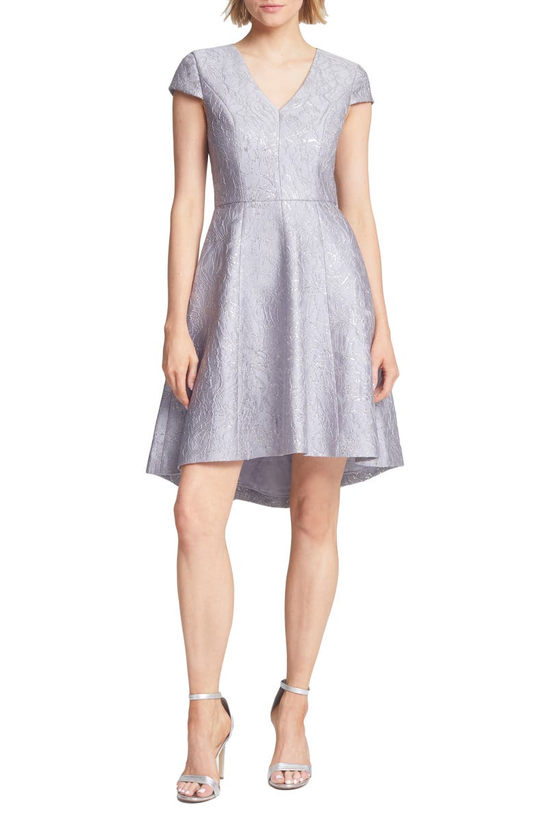 HALSTON HERITAGE Metallic Jacquard High/Low Cocktail Dress, Main, color, SILVER GREY