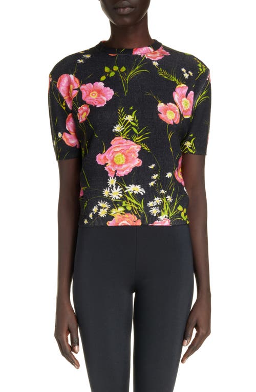 Balenciaga Floral Short Sleeve Crop Wool Rib Sweater in Black/Red at Nordstrom, Size X-Small