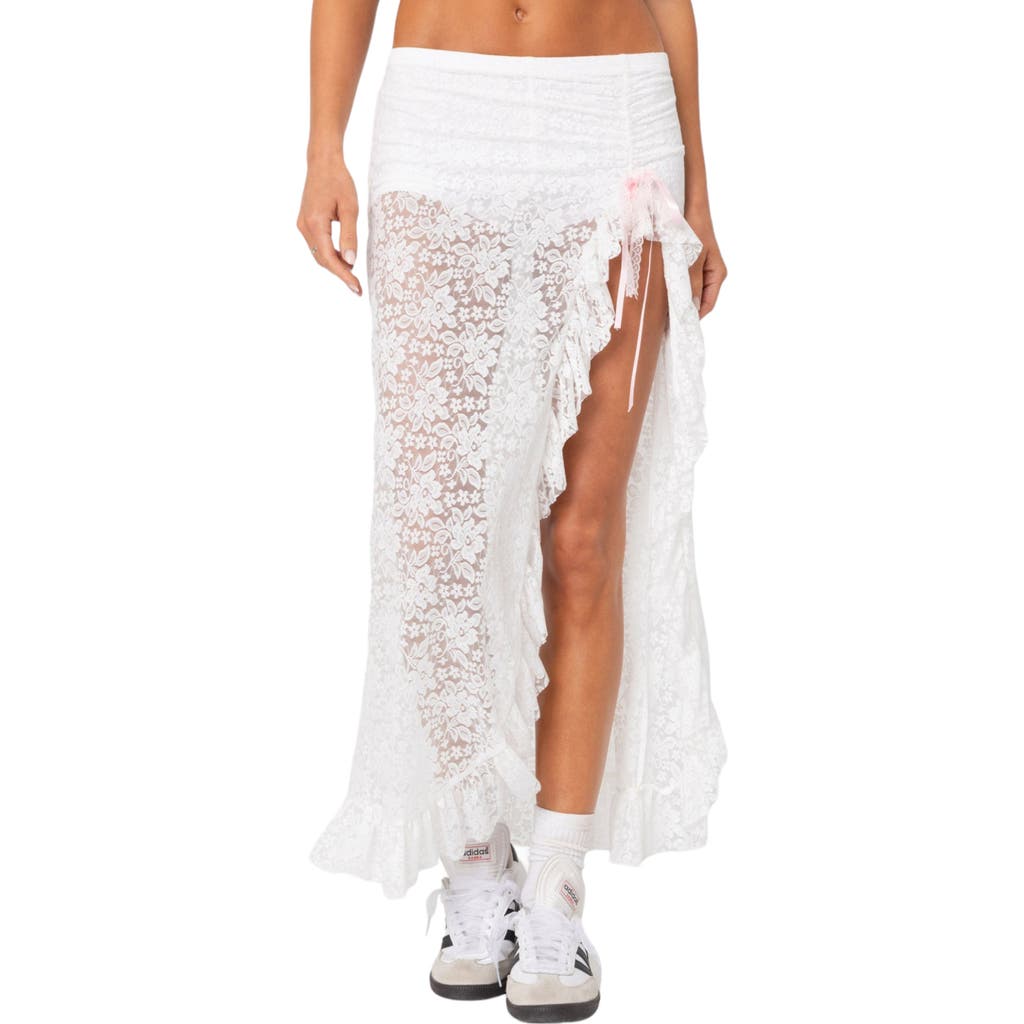 Shop Edikted Ruffle Sheer Lace Maxi Skort In White