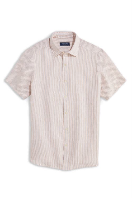 Stripe Linen Short Sleeve Button-Up Shirt in Cappuccino