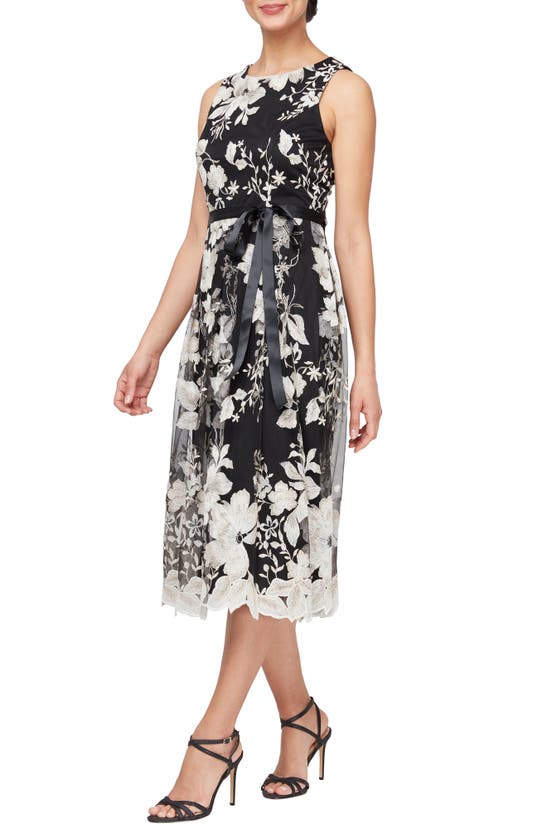 Alex Evenings Floral Embroidered Midi Dress In Black/ Chai