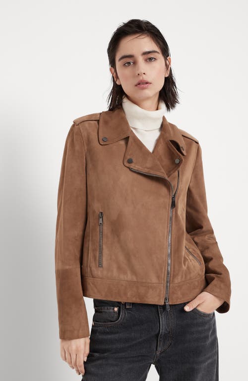 Shop Brunello Cucinelli Suede Biker Jacket In Brown