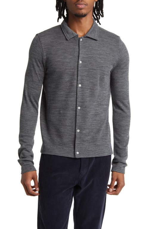 Officine Générale Brent Knit Wool Button-Up Shirt in Mid Heather Grey