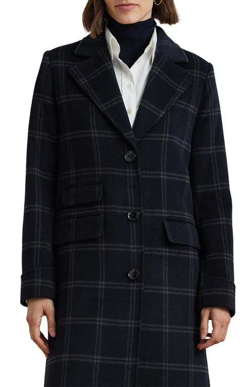 Ralph Lauren Lauren  Windowpane Plaid Longline Wool Blend Reefer Coat In Navy Blue/grey Windowpane