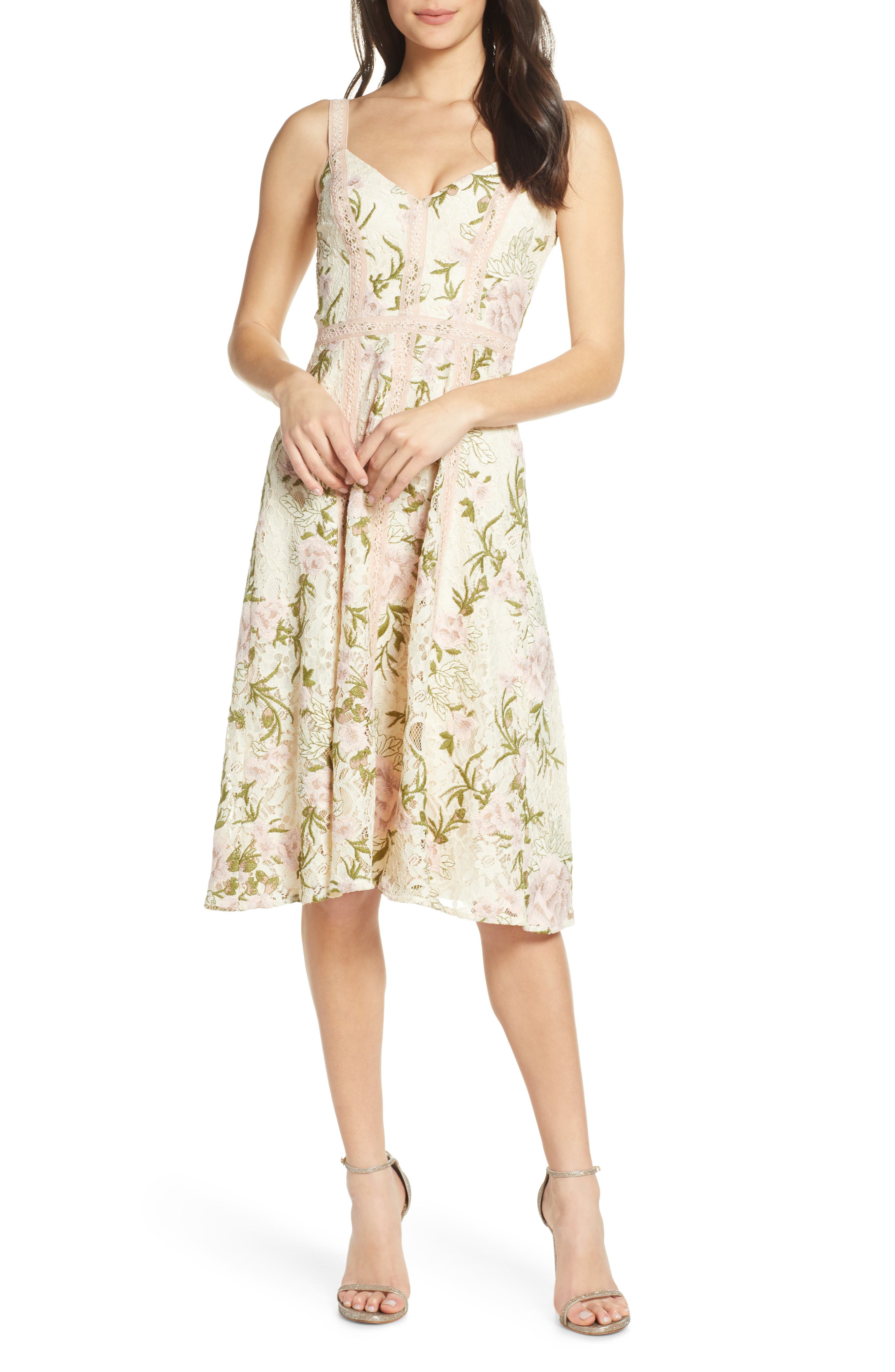 Dress The Population Carmen Floral Lace Fit & Flare Dress, Ivory