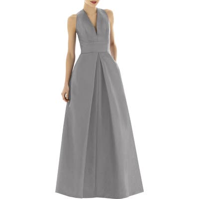 Alfred Sung V-Neck Dupioni Evening Gown, Metallic