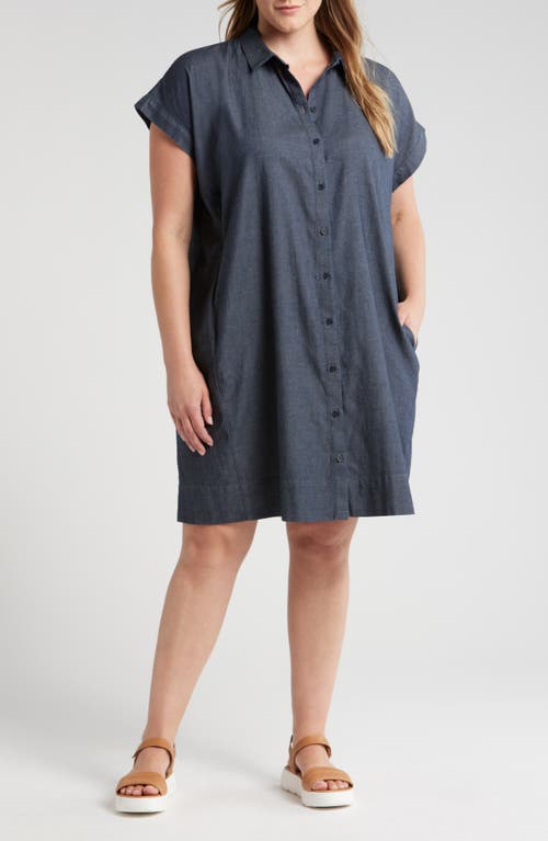 Shop Eileen Fisher Short Sleeve Organic Cotton Chambray Shirtdress In Denim