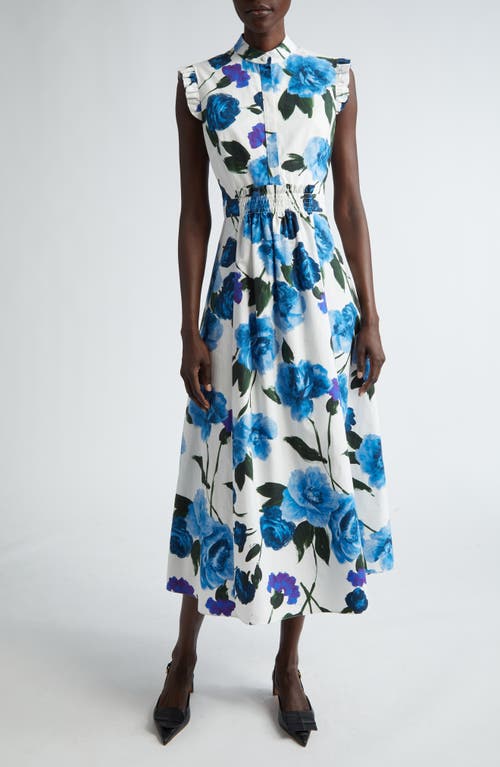 Erdem Brushed Floral Smocked Waist Midi Shirtdress White Blue at Nordstrom, Us