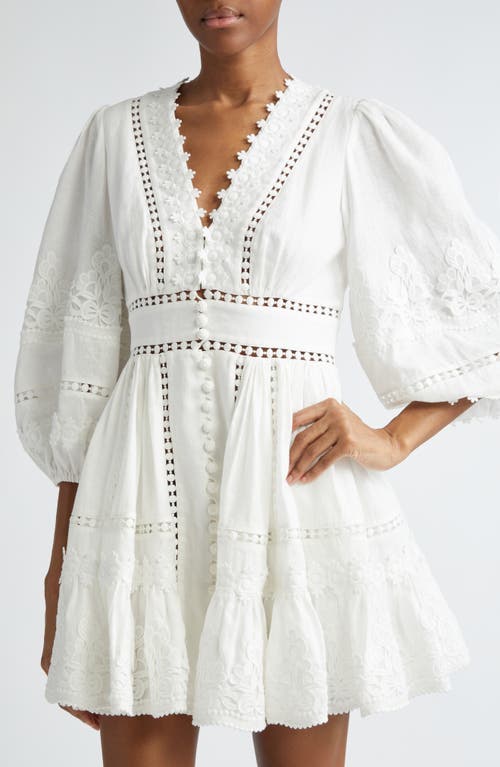 Shop Zimmermann Pop Lace Trim Linen Minidress In Ivory