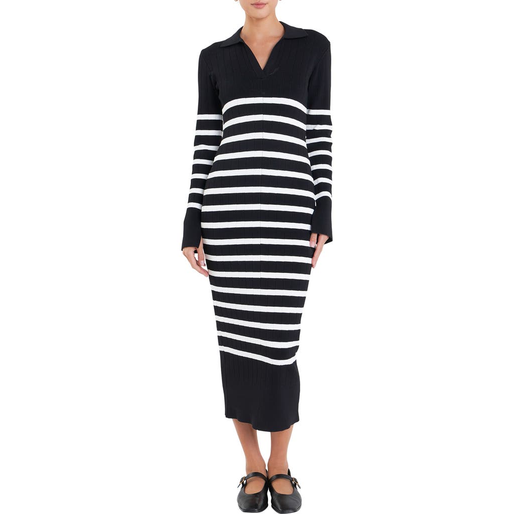 English Factory Stripe Long Sleeve Midi Sweater Dress In Black/ Off White