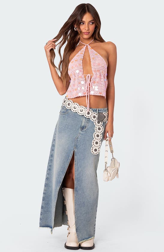 Shop Edikted Backless Paillette Crochet Halter Top In Pink