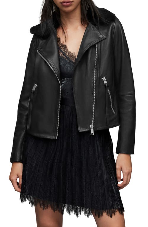 AllSaints Dalby Lux Leather Biker Jacket with Removable Genuine Shearling Collar in Black