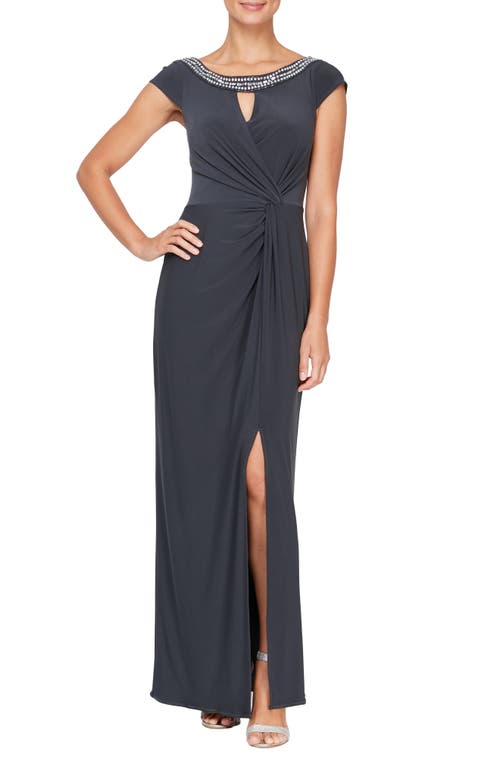 Alex Evenings Embellished Neck Cap Sleeve Column Gown Charcoal at Nordstrom,