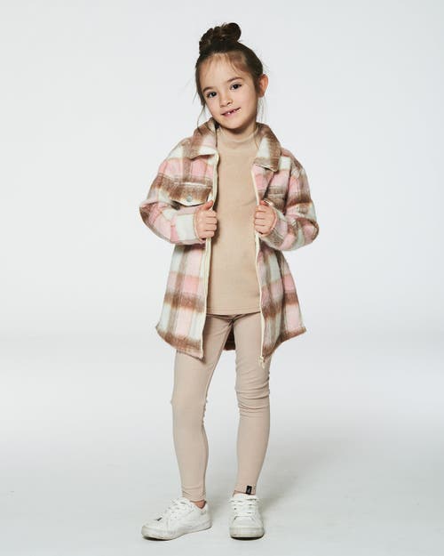 Shop Deux Par Deux Little Girl's Overshirt Wool-effect With Pockets Plaid Pink, Nougat And Off White In Plaid Pink, Brown & Off White