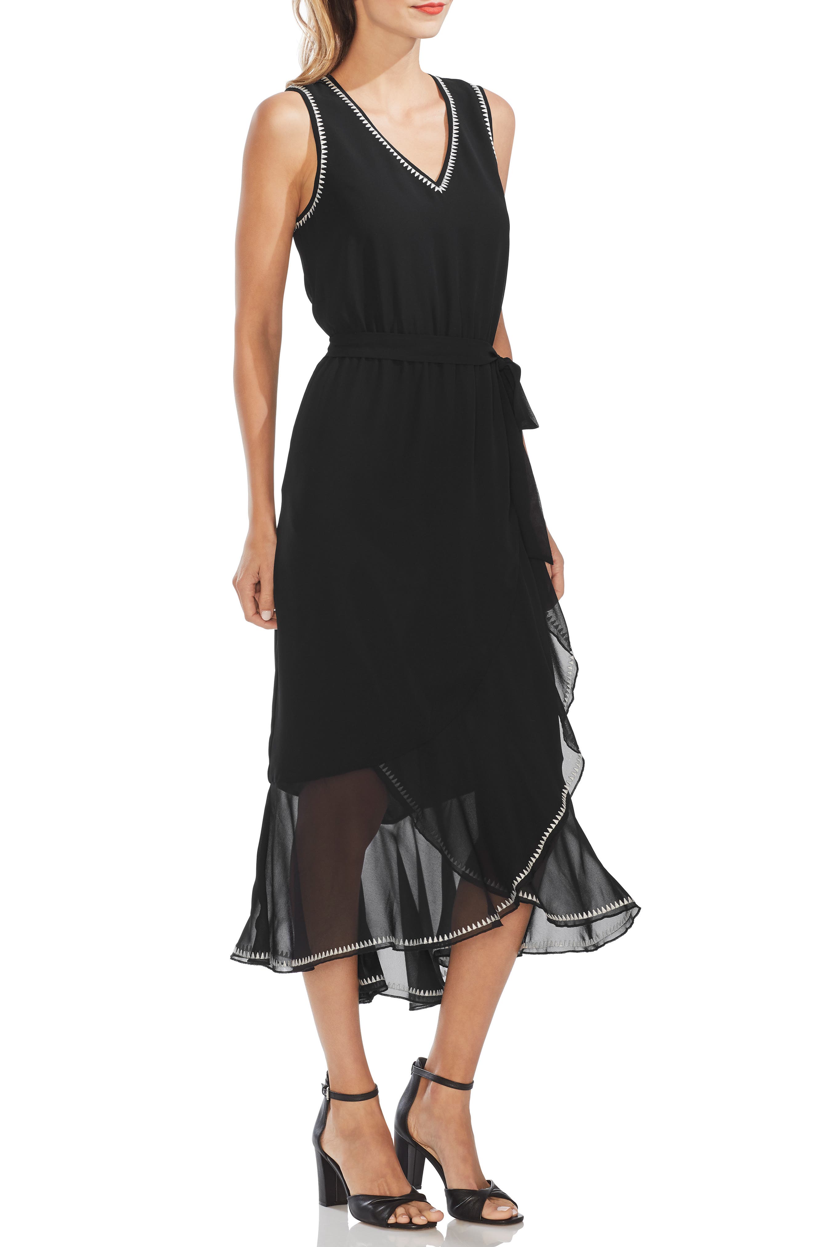 Vince Camuto Embroidered Ruffle Belted Chiffon Dress, Black
