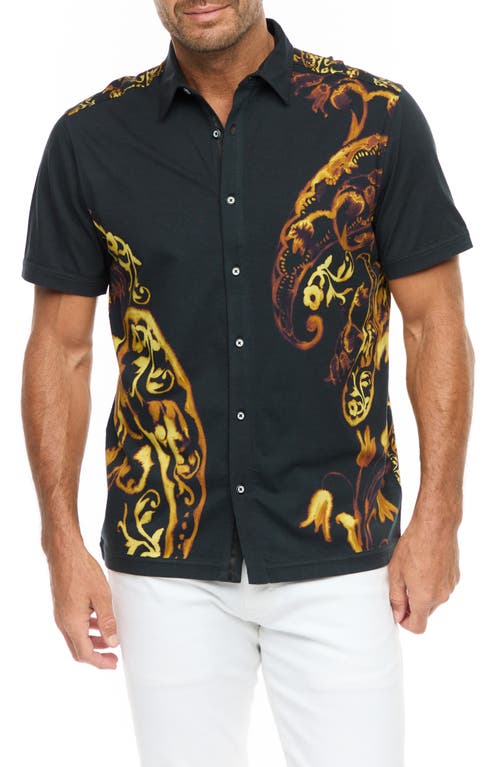 Hadrian Paisley Short Sleeve Cotton Knit Button-Up Shirt in Black