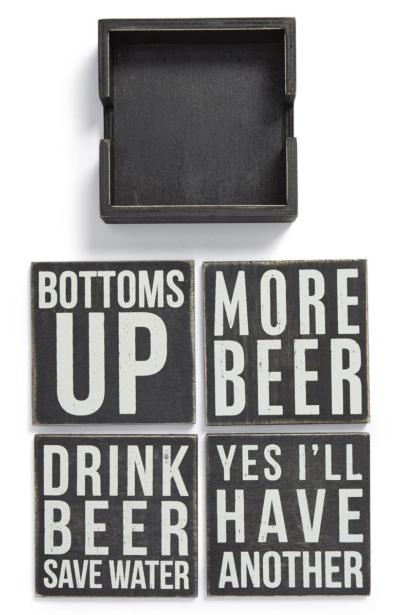 PRIMITIVES BY KATHY 'Beer' Wood Coasters, Main, color, Black