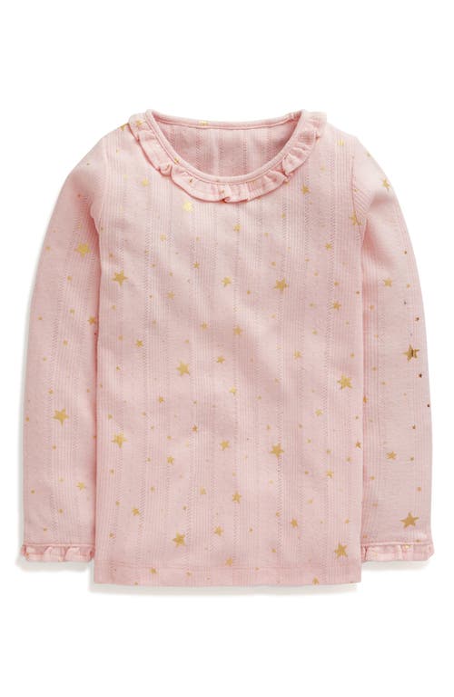 Shop Mini Boden Kids' Foil Star Pointelle Ruffle Neck Top In Chalk Pink Gold Foil Star