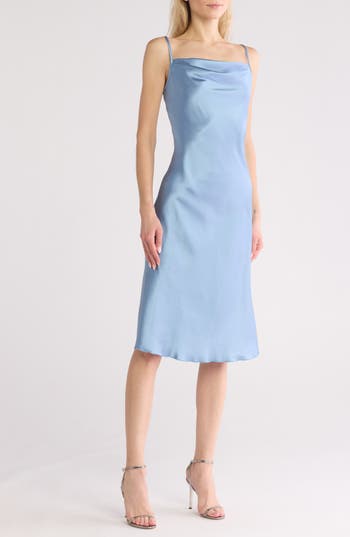 Shop Bebe Satin Cowl Neck Midi Dress In Denim