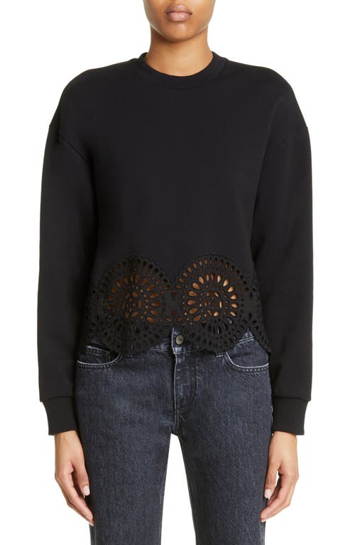 Stella McCartney Broderie Anglaise Scallop Hem Cotton Sweatshirt in 1000 - Black