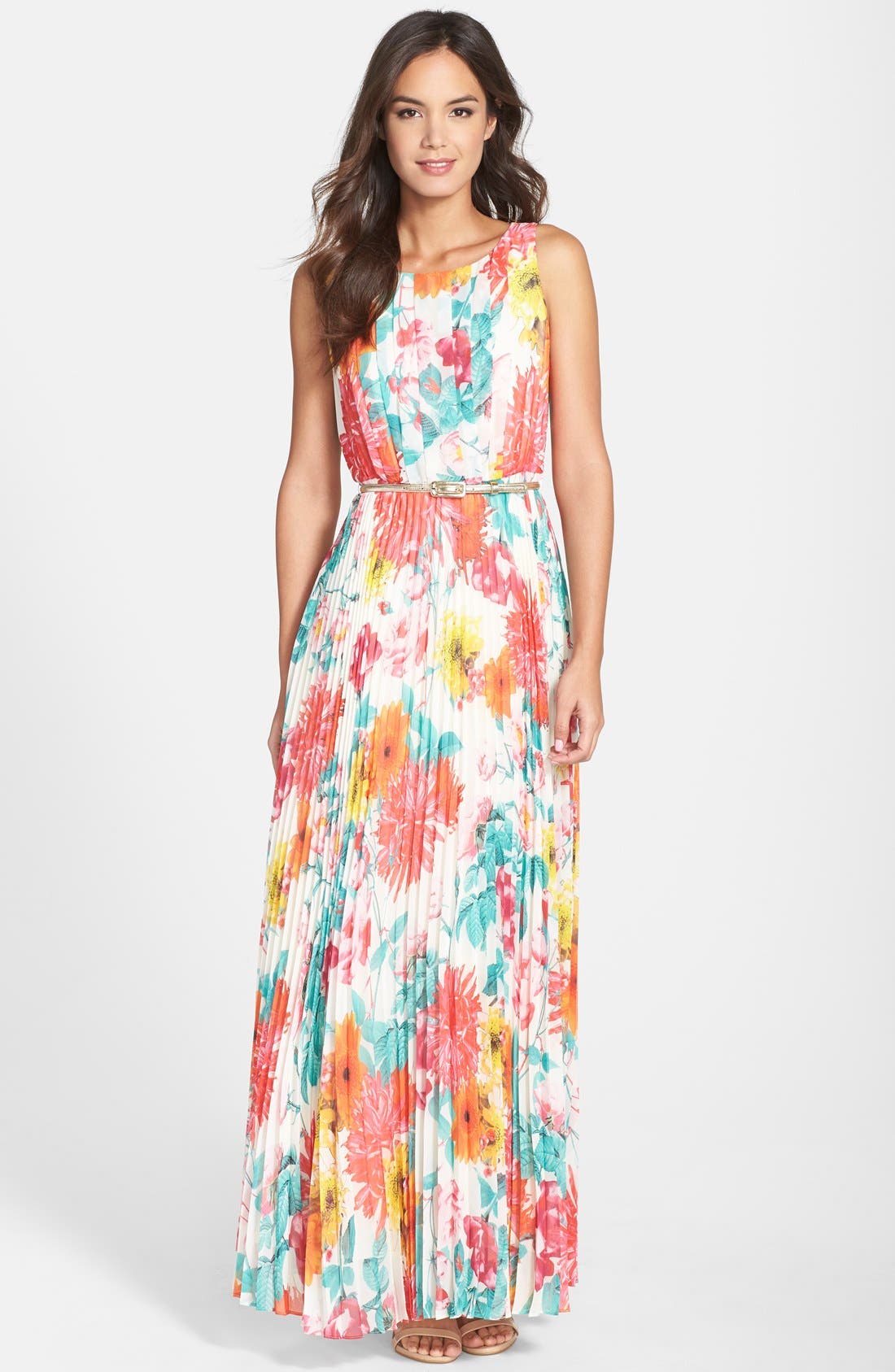 Eliza J Belted Floral Print Chiffon Maxi Dress (Regular & Petite