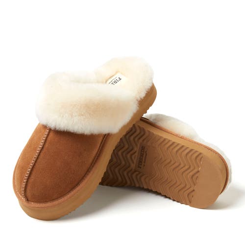 Dearfoams Fireside By Dear Foams Women's Melton Genuine Shearling Platform Scuff Slipper In Chestnut
