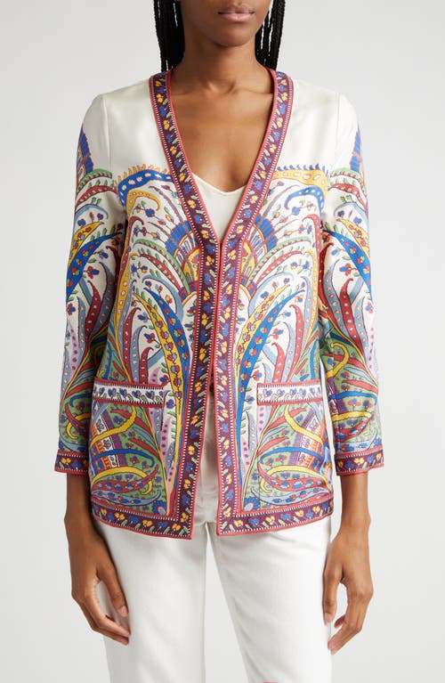 Etro Placed Paisley V-Neck Silk Twill Jacket in Print On White Base at Nordstrom, Size 10 Us