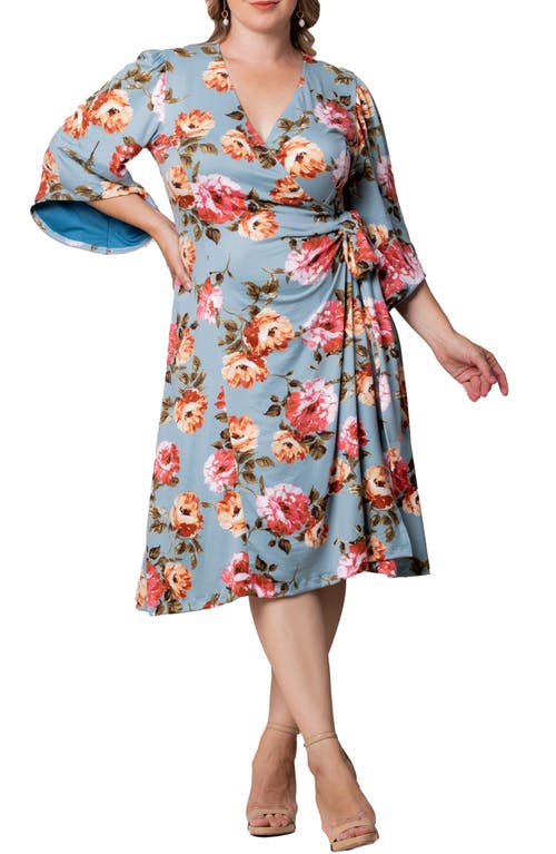 Kiyonna Gemini Floral Bell Sleeve Wrap Dress In English Tea Rose