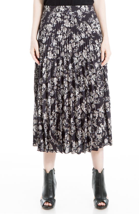 Max Studio Graduated Pleat Print Knee-length Midi Skirt In Black Taupe Rose Toile