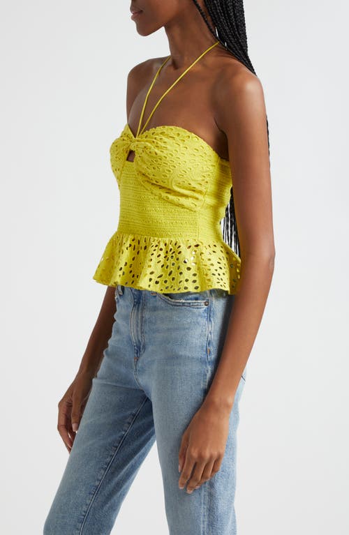 Alice And Olivia Livia Broderie Anglaise Cotton Peplum Halterneck Top In Happy Yellow