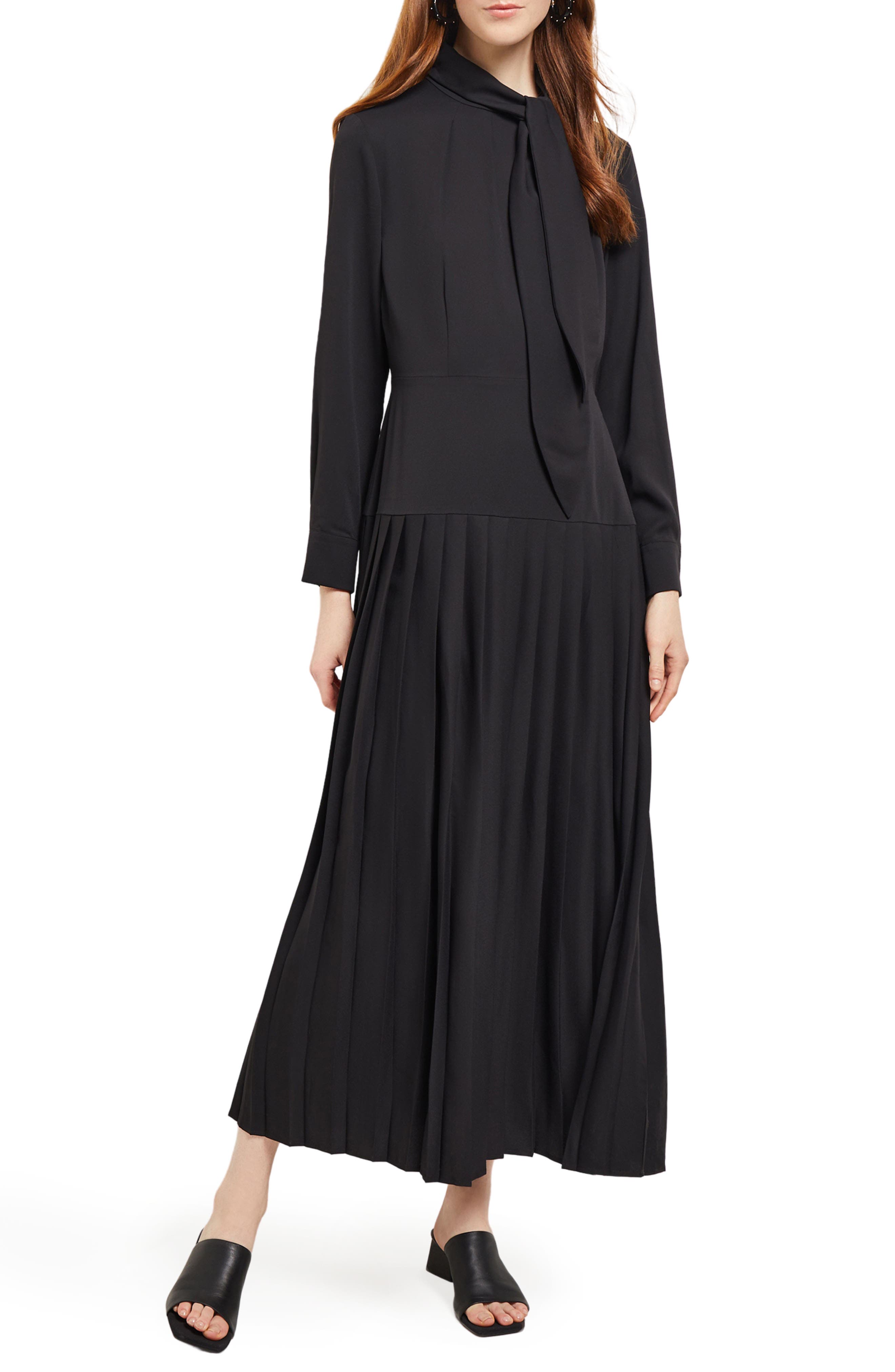 Misook Tie Neck Long Sleeve Pleated Maxi Dress | Nordstrom