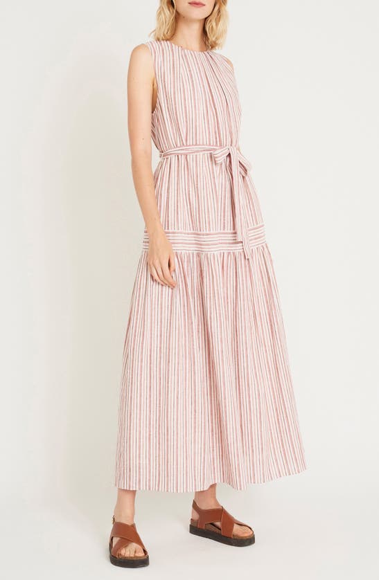 Shop Luxely Echo Stripe Sleeveless Linen Blend Maxi Dress In Brown/ Ivory