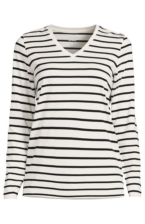 Shop Lands' End Plus Size Relaxed Supima Cotton Long Sleeve V-neck T-shirt In Ivory/black Breton Stripe