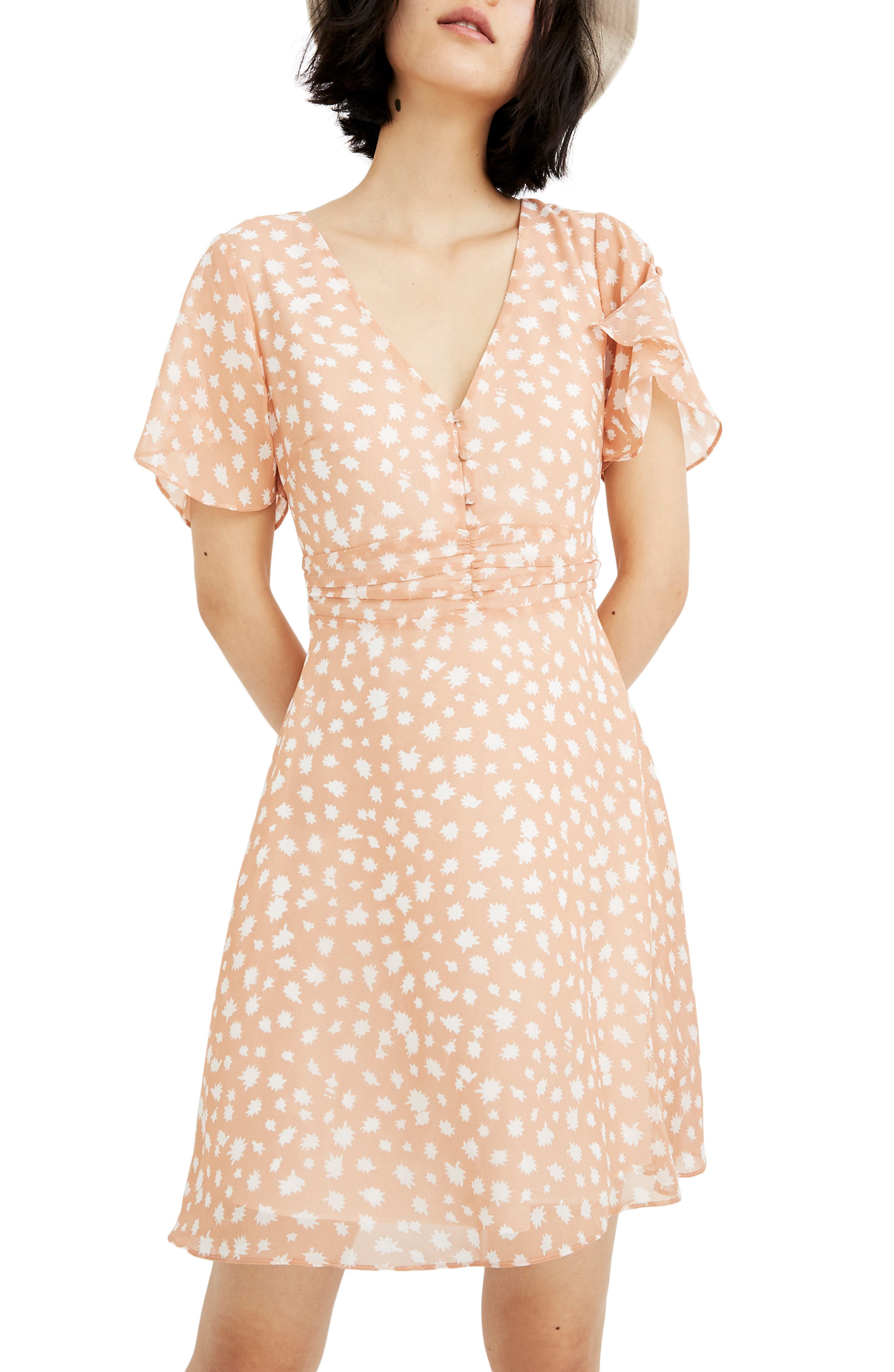 Madewell Star Shower Ruched Waist Minidress, Coral