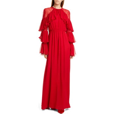 Giambattista Valli Lace Shoulder Ruffle Long Sleeve Georgette Gown, US - Red