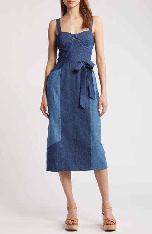 Shop Du Paradis Canggu Denim Midi Dress In Patchwork Denim