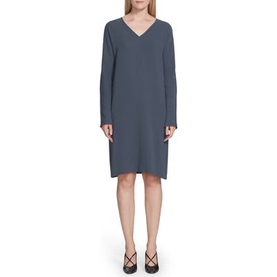 Lafayette 148 New York Thurman Finesse Crepe Long Sleeve Shift Dress, Blue