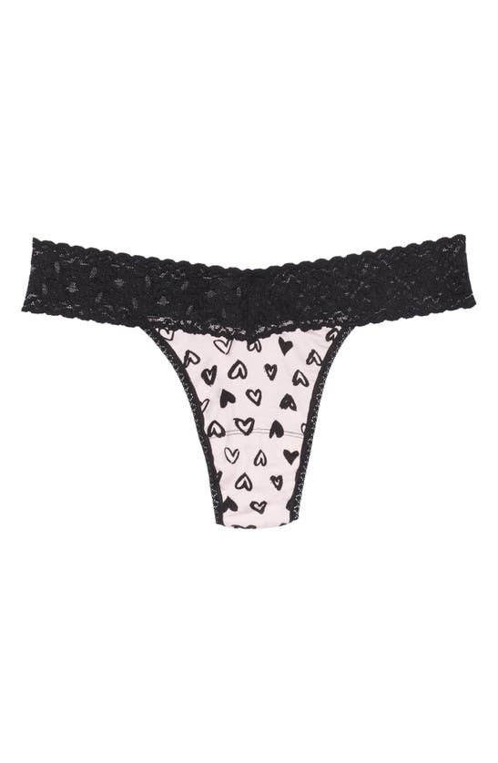 Hanky Panky Mid Rise Lace Trim Thong In Graffiti Hearts/blac