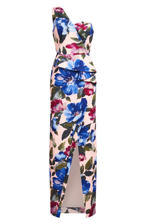 Shop Kay Unger Laurel Floral One-shoulder Gown In Spring Blue