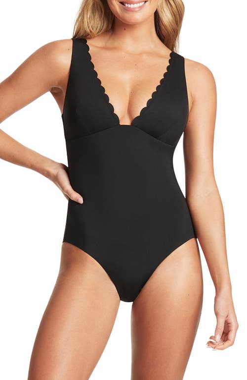 Scalloped Plunge One-Piece Swimsuit in Black