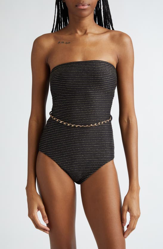Shop Zimmermann Waverly Chain Detail Strapless One-piece Swimsuit In Black/ Gold